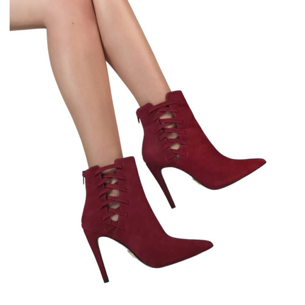 Aldo Size 6 Suede Leather Fuchsia Pink Lace Stiletto Heels Ankle Booties Strappy
